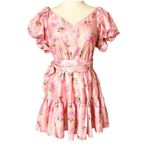 Love Shack Fancy Target Cecile Pink Satin Floral Puff Sleeve Mini Dress Size 10 - Picture 1 of 10